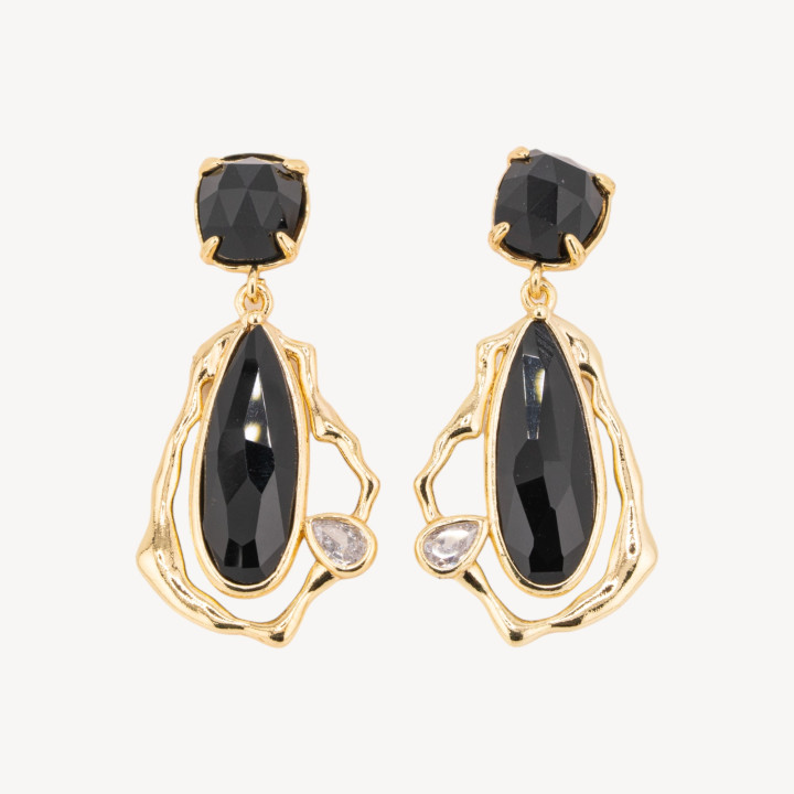 Orecchini Perno Di Bronzo Con Cristalli CZ e Occhio Di Gatto Galvanica Oro Nero