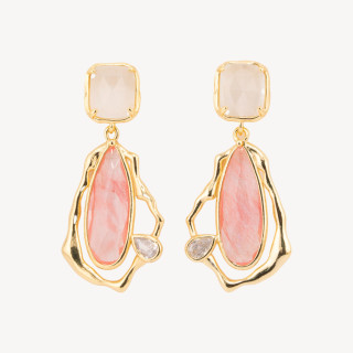 Orecchini Perno Di Bronzo Con Cristalli CZ e Occhio Di Gatto Galvanica Oro Rosa e Bianco