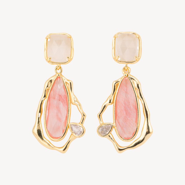 Orecchini Perno Di Bronzo Con Cristalli CZ e Occhio Di Gatto Galvanica Oro Rosa e Bianco