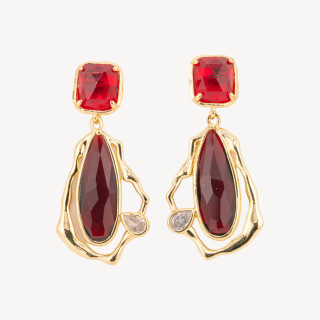 Orecchini Perno Di Bronzo Con Cristalli CZ e Occhio Di Gatto Galvanica Oro Rosso Ruby