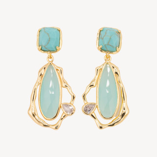 Orecchini Perno Di Bronzo Con Cristalli CZ e Occhio Di Gatto Galvanica Oro Turchese