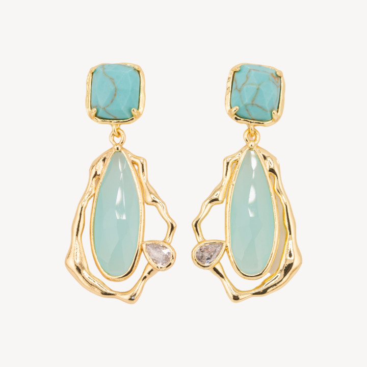 Orecchini Perno Di Bronzo Con Cristalli CZ e Occhio Di Gatto Galvanica Oro Turchese