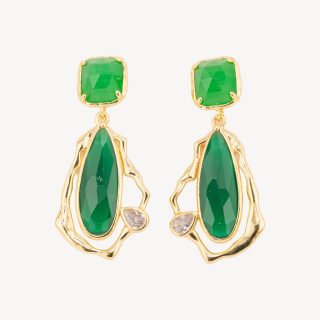 Orecchini Perno Di Bronzo Con Cristalli CZ e Occhio Di Gatto Galvanica Oro Verde