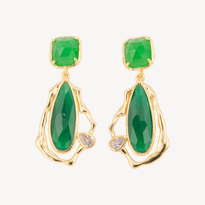 Orecchini Perno Di Bronzo Con Cristalli CZ e Occhio Di Gatto Galvanica Oro Verde