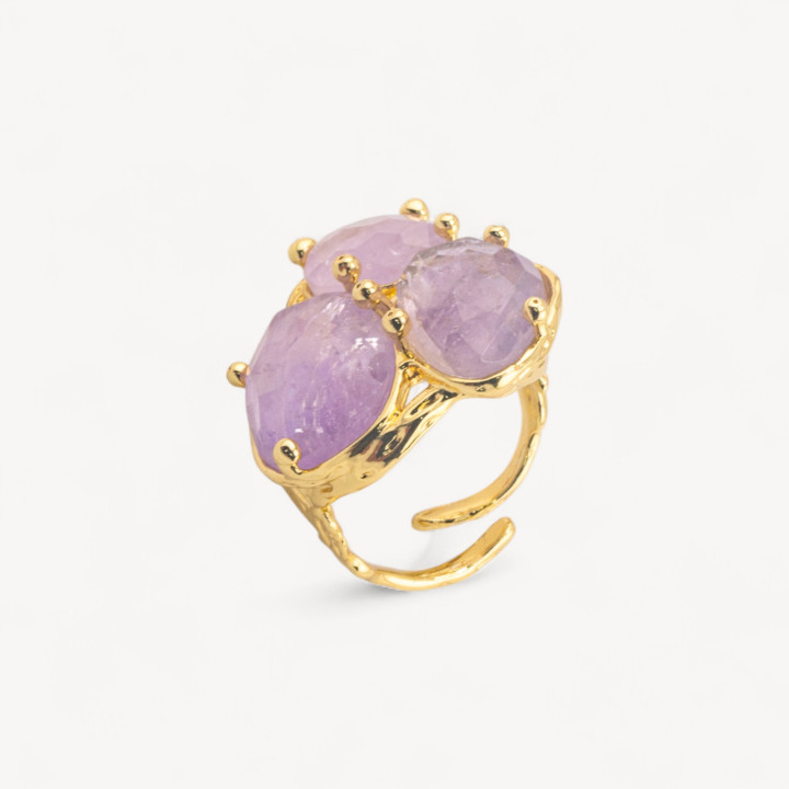 Anello Di Bronzo Collezione AURORA Con 3 Pietre Naturali 27x34mm Disegno Floreale Misura Regolabile Dorato Ametista Lavanda