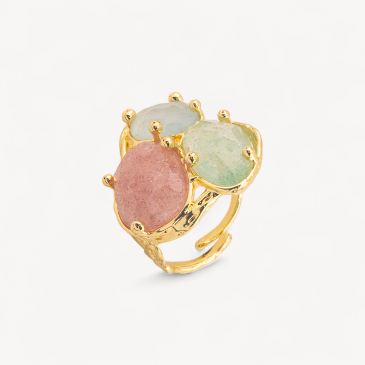 Anello Di Bronzo Collezione AURORA Con 3 Pietre Naturali 27x34mm Disegno Floreale Misura Regolabile Dorato Mix3