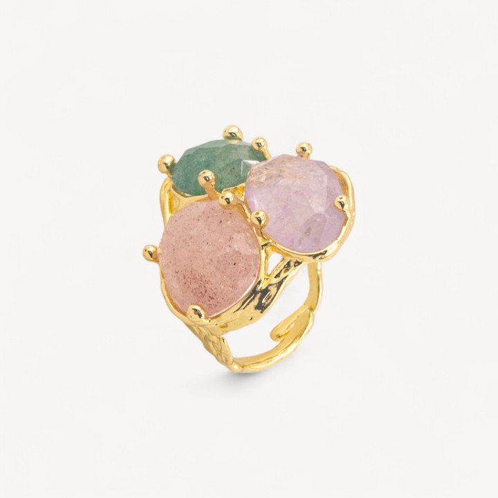 Anello Di Bronzo Collezione AURORA Con 3 Pietre Naturali 27x34mm Disegno Floreale Misura Regolabile Dorato Mix6