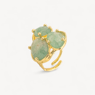 Anello Di Bronzo Collezione AURORA Con 3 Pietre Naturali 27x34mm Disegno Floreale Misura Regolabile Dorato Quarzo Fragola Verde