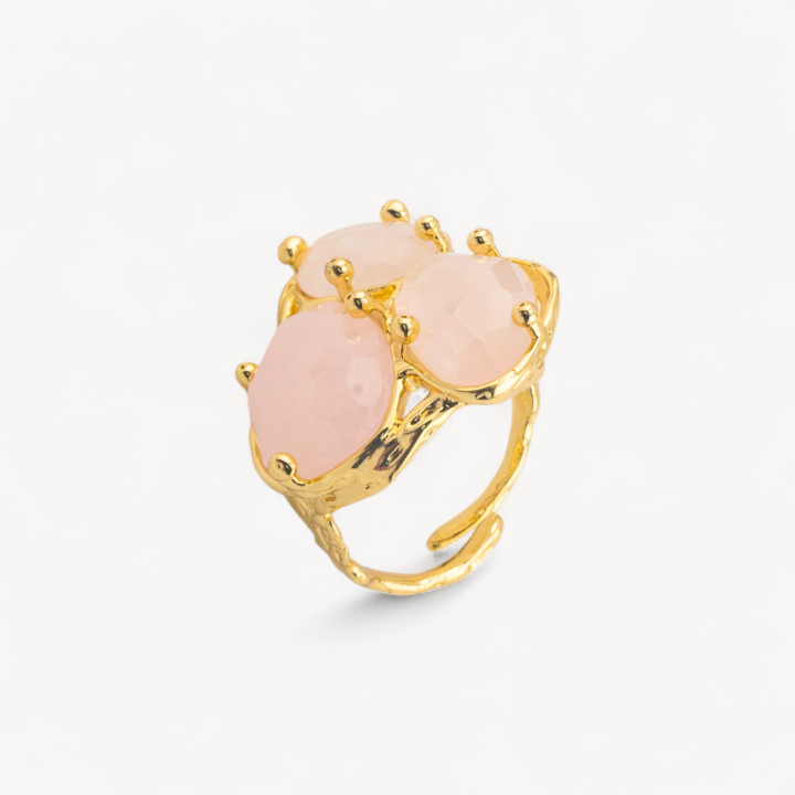 Anello Di Bronzo Collezione AURORA Con 3 Pietre Naturali 27x34mm Disegno Floreale Misura Regolabile Dorato Quarzo Rosa