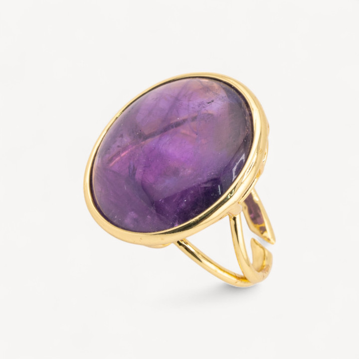 Anello Di Bronzo Con Pietra Naturale Incastonato Tondo Liscio 26mm Dorato Ametista