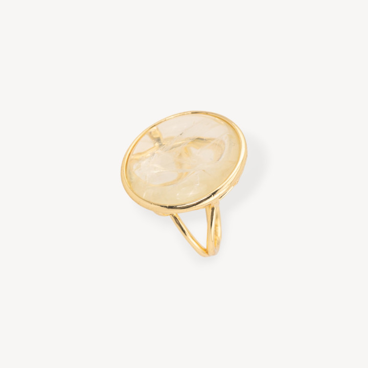 Anello Di Bronzo Con Pietra Naturale Incastonato Tondo Liscio 26mm Dorato Cristallo Di Rocca