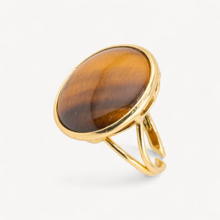 Anello Di Bronzo Con Pietra Naturale Incastonato Tondo Liscio 26mm Dorato Occhio Di Tigre