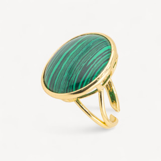 Anello Di Bronzo Con Pietra Naturale Incastonato Tondo Liscio 26mm Dorato Pasta Di Malachite