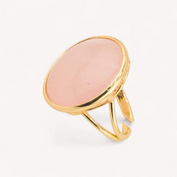 Anello Di Bronzo Con Pietra Naturale Incastonato Tondo Liscio 26mm Dorato Quarzo Rosa