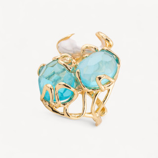 Anello Regolabile in Bronzo Dorato Collezione AURORA con Occhio Di Gatto Con Perle Di Fiume Cristallo Di Rocca Azzurro | Gioiel