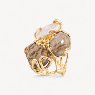 Anello Regolabile in Bronzo Dorato Collezione AURORA con Occhio Di Gatto Con Perle Di Fiume Fume'| Gioiello Artigianale Donna 3