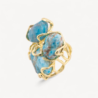 Anello Regolabile in Bronzo Dorato Collezione AURORA con Pietre Dure Apatite Chiaro | Gioiello Artigianale Donna 32x36mm