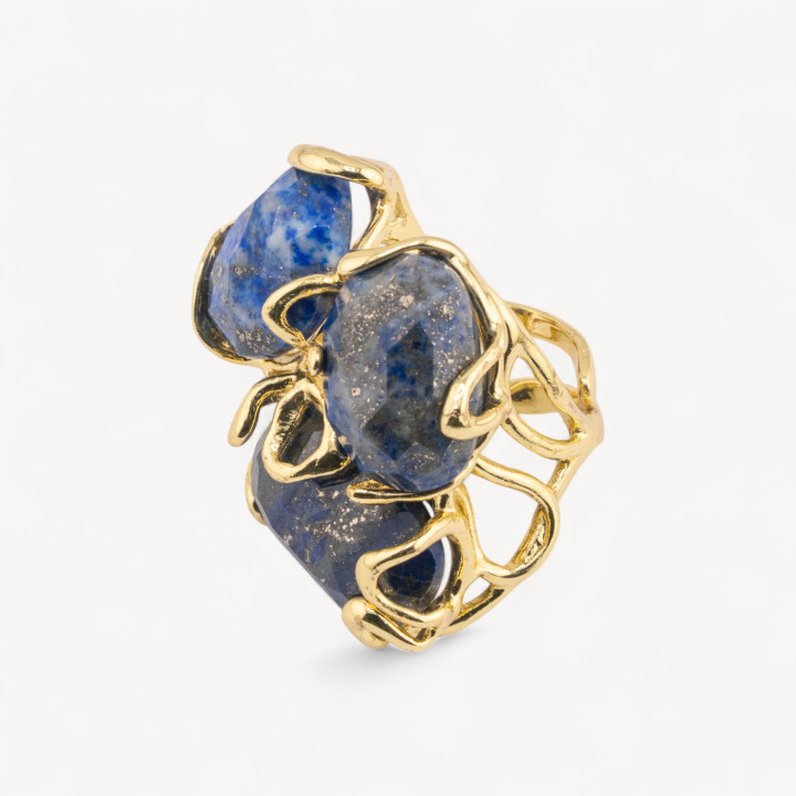 Anello Regolabile in Bronzo Dorato Collezione AURORA con Pietre Dure   Lapislazzuli | Gioiello Artigianale Donna 32x36mm