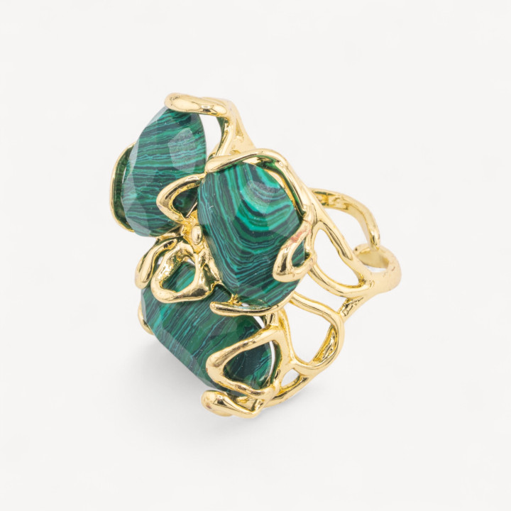 Anello Regolabile in Bronzo Dorato Collezione AURORA con Pietre Dure   Pasta Di Malachite | Gioiello Artigianale Donna 32x36mm
