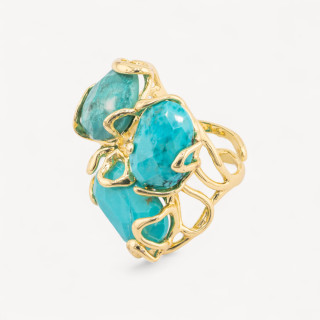 Anello Regolabile in Bronzo Dorato Collezione AURORA con Pietre Dure   Turchesite | Gioiello Artigianale Donna 32x36mm