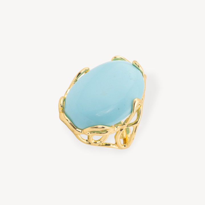 Anello Regolabile in Bronzo Dorato Collezione AURORA-1 con Pietre Dure   Pasta Di Turchese Liscio | Gioiello Artigianale Donna 