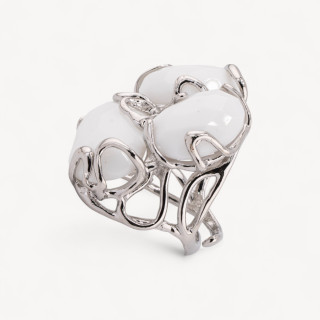 Anello Regolabile in Bronzo Rodiato Collezione AURORA con Occhio Di Gatto Agata Bianca | Gioiello Artigianale Donna 32x36mm