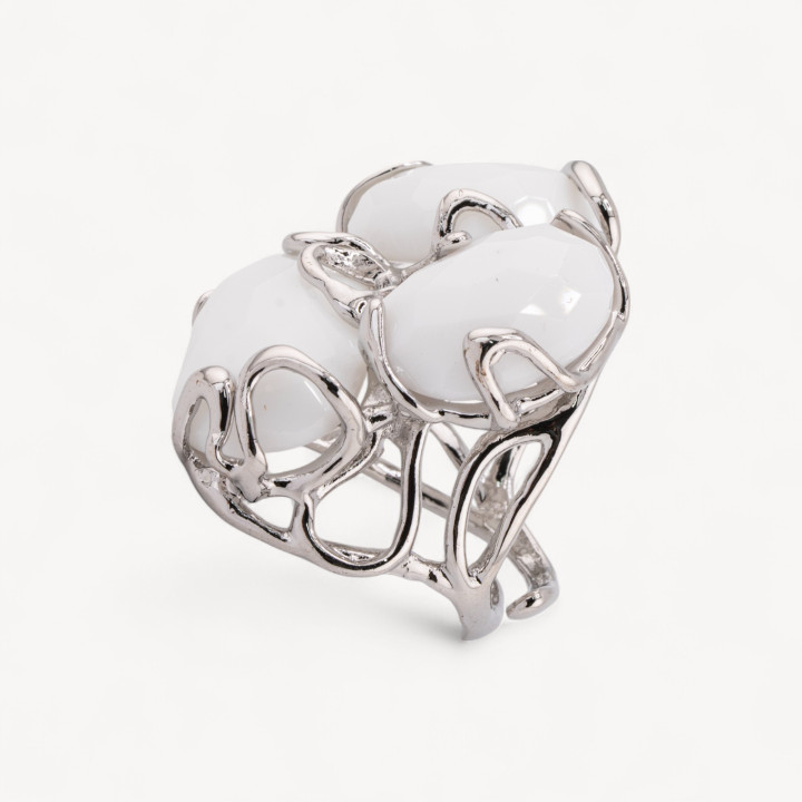 Anello Regolabile in Bronzo Rodiato Collezione AURORA con Occhio Di Gatto Agata Bianca | Gioiello Artigianale Donna 32x36mm