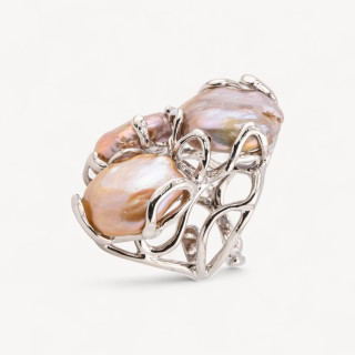 Anello Regolabile in Bronzo Rodiato Collezione AURORA con Perle Di Fiume Bronzo | Gioiello Artigianale Donna 32x36mm