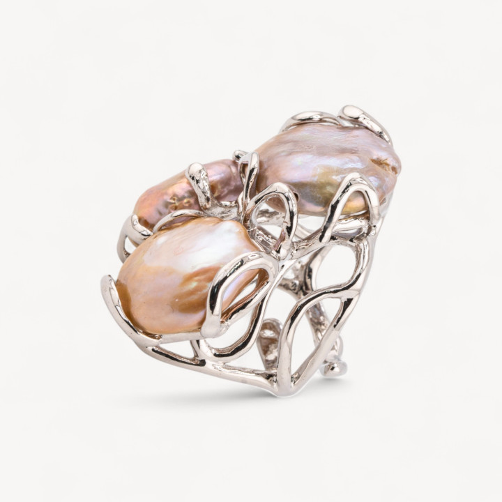 Anello Regolabile in Bronzo Rodiato Collezione AURORA con Perle Di Fiume Bronzo | Gioiello Artigianale Donna 32x36mm