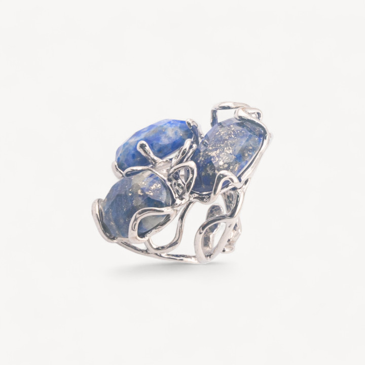 Anello Regolabile in Bronzo Rodiato Collezione AURORA con Pietre Dure Lapislazzuli | Gioiello Artigianale Donna 32x36mm