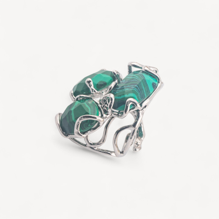 Anello Regolabile in Bronzo Rodiato Collezione AURORA con Pietre Dure Pasta Di Malachite| Gioiello Artigianale Donna 32x36mm