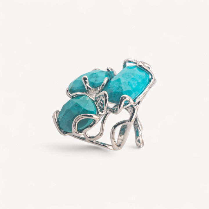 Anello Regolabile in Bronzo Rodiato Collezione AURORA con Pietre Dure Turchesite| Gioiello Artigianale Donna 32x36mm