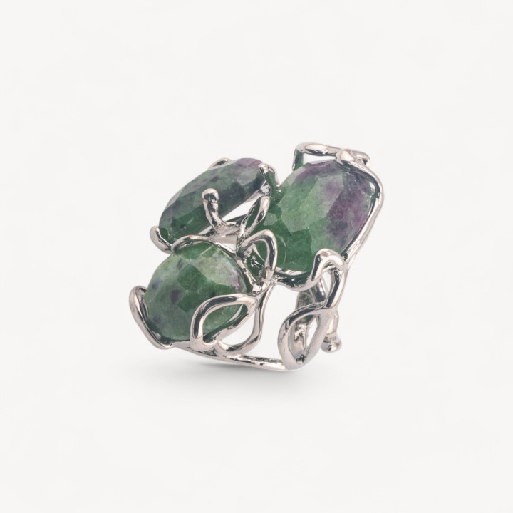 Anello Regolabile in Bronzo Rodiato Collezione AURORA con Pietre Dure Zoisite | Gioiello Artigianale Donna 32x36mm