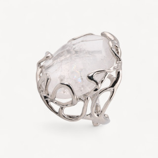 Anello Regolabile in Bronzo Rodiato Collezione AURORA-1 con Pietre Dure Cristallo Di Rocca | Gioiello Artigianale Donna 28x32mm