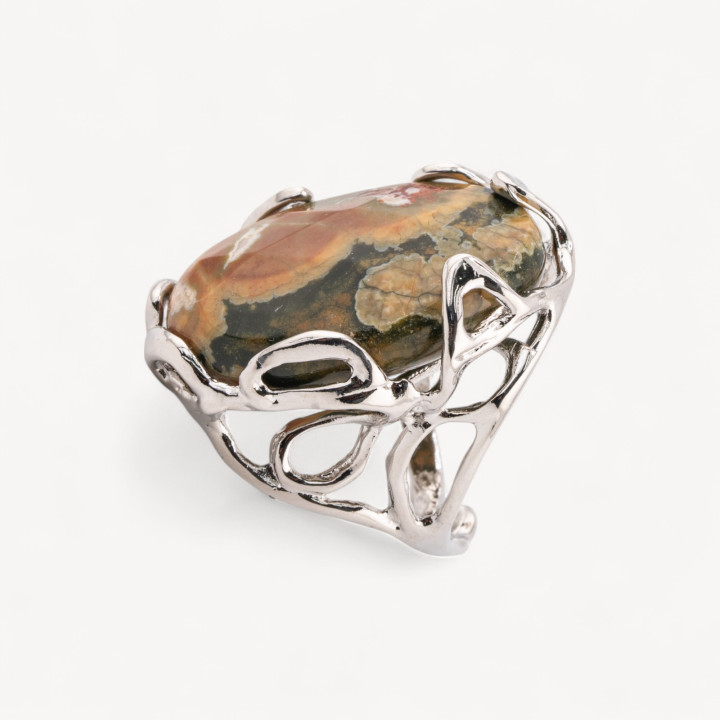 Anello Regolabile in Bronzo Rodiato Collezione AURORA-1 con Pietre Dure Unakite| Gioiello Artigianale Donna 28x32mm