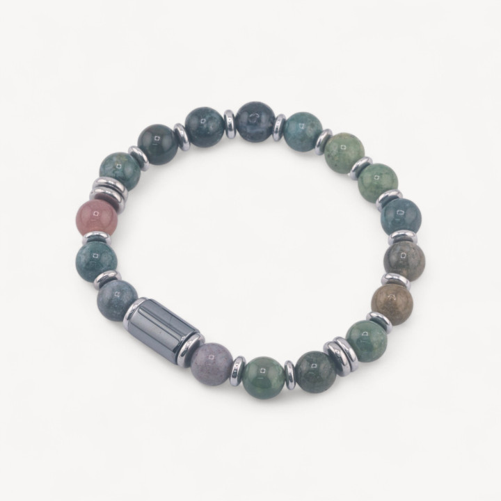 Bracciale Uomo Con Pietre Naturali da 8mm e Cilindro Da 8x12mm Agata Indiana