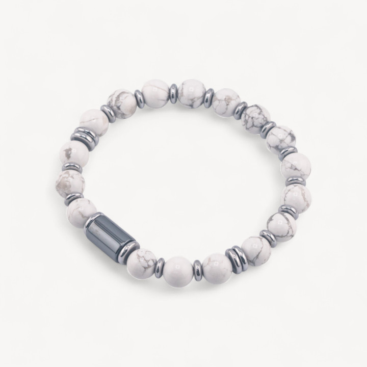 Bracciale Uomo Con Pietre Naturali da 8mm e Cilindro Da 8x12mm Aulite Bianca