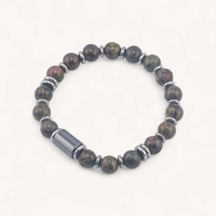 Bracciale Uomo Con Pietre Naturali da 8mm e Cilindro Da 8x12mm Diaspro Floreale