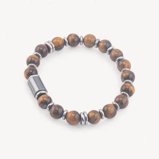 Bracciale Uomo Con Pietre Naturali da 8mm e Cilindro Da 8x12mm Occhio di Tigre Giallo