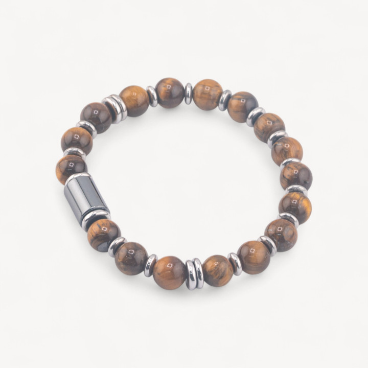 Bracciale Uomo Con Pietre Naturali da 8mm e Cilindro Da 8x12mm Occhio di Tigre Giallo