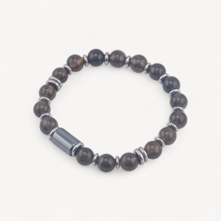 Bracciale Uomo Con Pietre Naturali da 8mm e Cilindro Da 8x12mm Quarzo Fumé