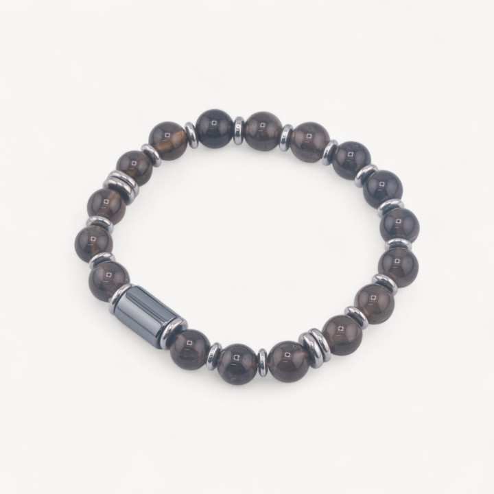 Bracciale Uomo Con Pietre Naturali da 8mm e Cilindro Da 8x12mm Quarzo Fumé