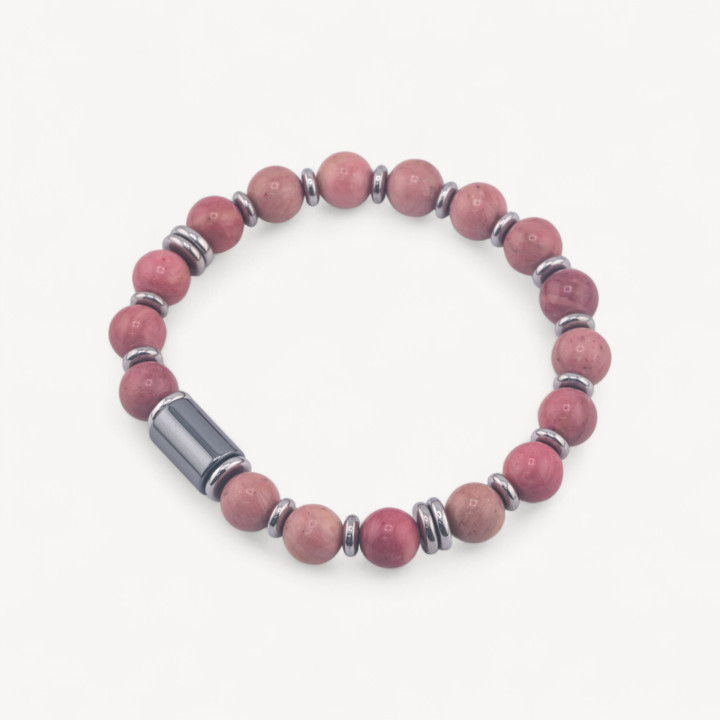 Bracciale Uomo Con Pietre Naturali da 8mm e Cilindro Da 8x12mm Rodonite