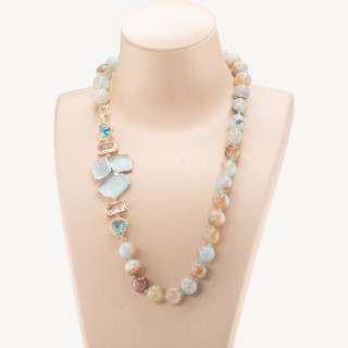 Collana Bijoux Con Pietre Dure e Laterale in Cristalli e Occhi di Gatto 60cm Celeste