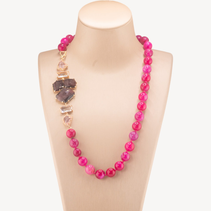 Collana Bijoux Con Pietre Dure e Laterale in Cristalli e Occhi di Gatto 60cm Fucsia