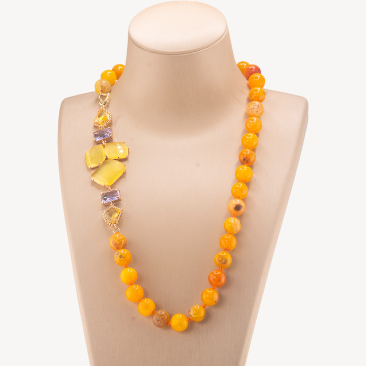 Collana Bijoux Con Pietre Dure e Laterale in Cristalli e Occhi di Gatto 60cm Giallo Intenso