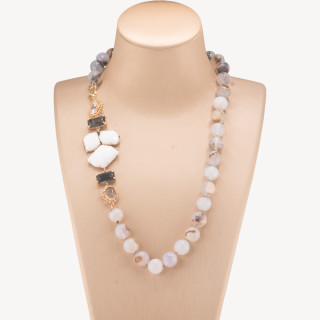 Collana Bijoux Con Pietre Dure e Laterale in Cristalli e Occhi di Gatto 60cm Grigio E Bianco