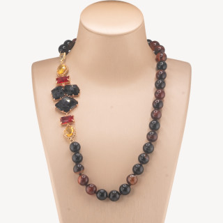Collana Bijoux Con Pietre Dure e Laterale in Cristalli e Occhi di Gatto 60cm Marrone e Nero