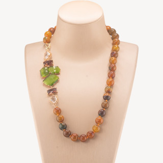 Collana Bijoux Con Pietre Dure e Laterale in Cristalli e Occhi di Gatto 60cm Marrone Verde