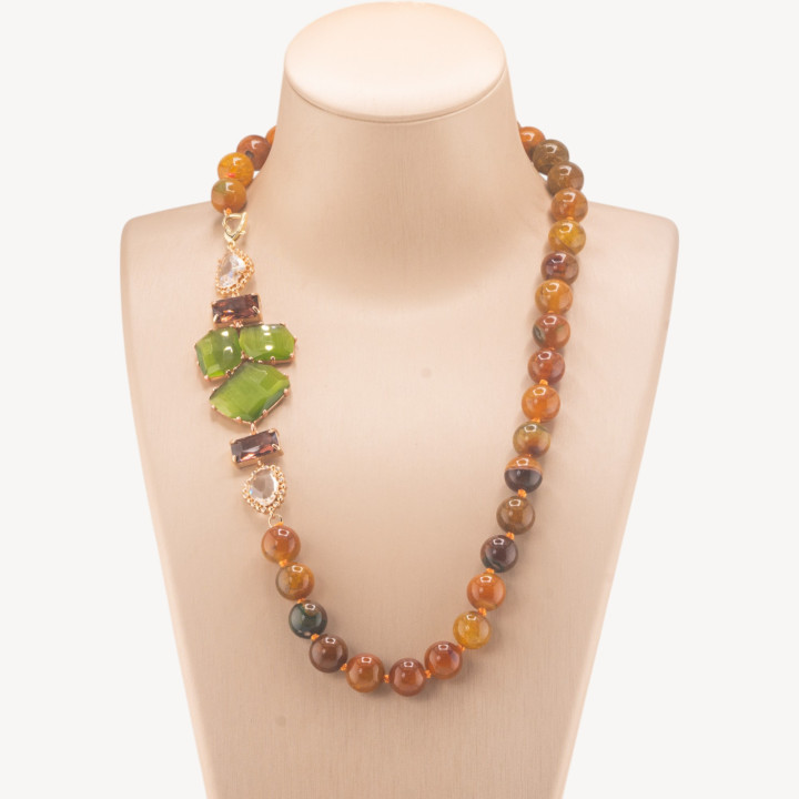 Collana Bijoux Con Pietre Dure e Laterale in Cristalli e Occhi di Gatto 60cm Marrone Verde